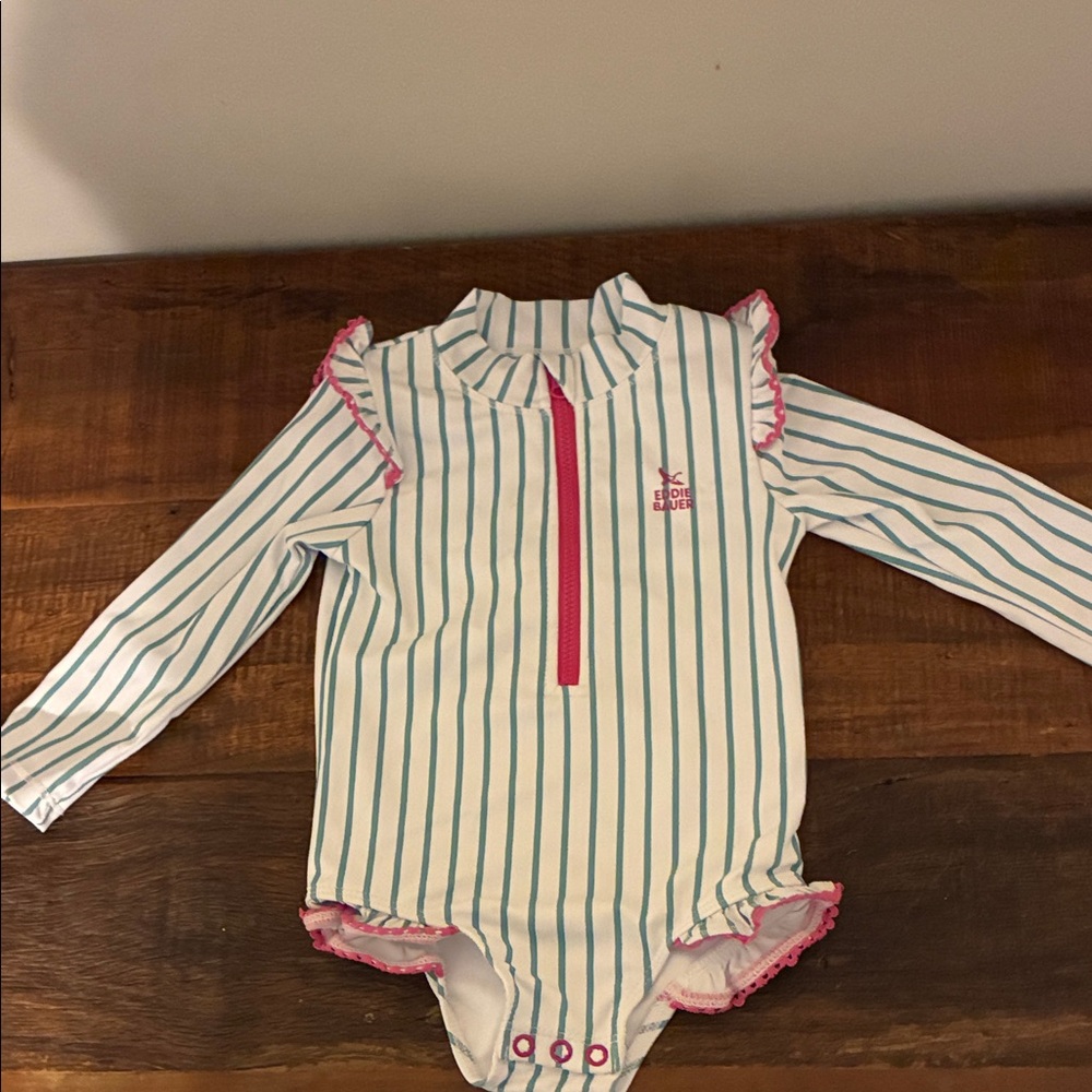 Eddie Bauer Kids Swim One Piece - White with Pink and Green Stripes